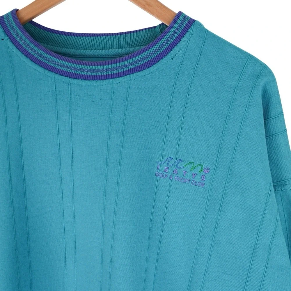 Vintage Yacht Club Sweatshirt 90s Teal Crewneck Striped Textured Size Large - Picture 2 of 6